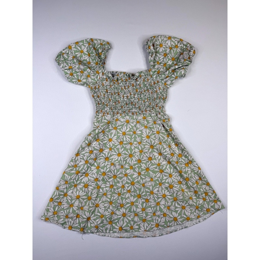 Zara Fit & Flare Mini Dress Womens XS Green Daisy Floral Smocked Puff Sleeve‎
